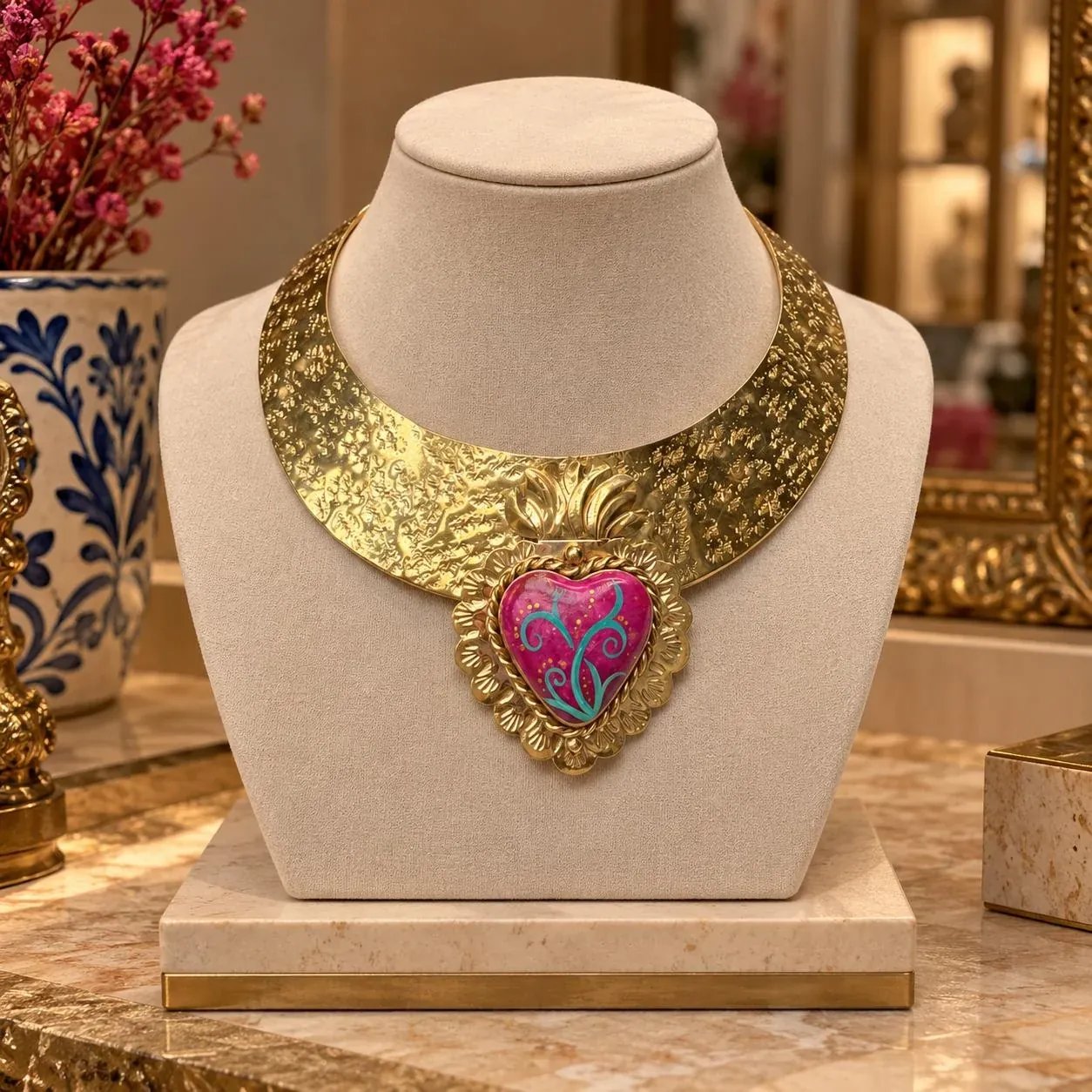 Necklace with a pink heart pendant displayed on a cream jewelry stand