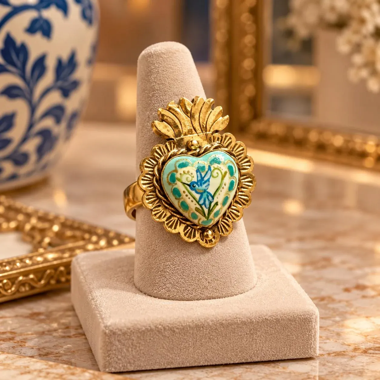 Green heart ring displayed on a jewelry stand